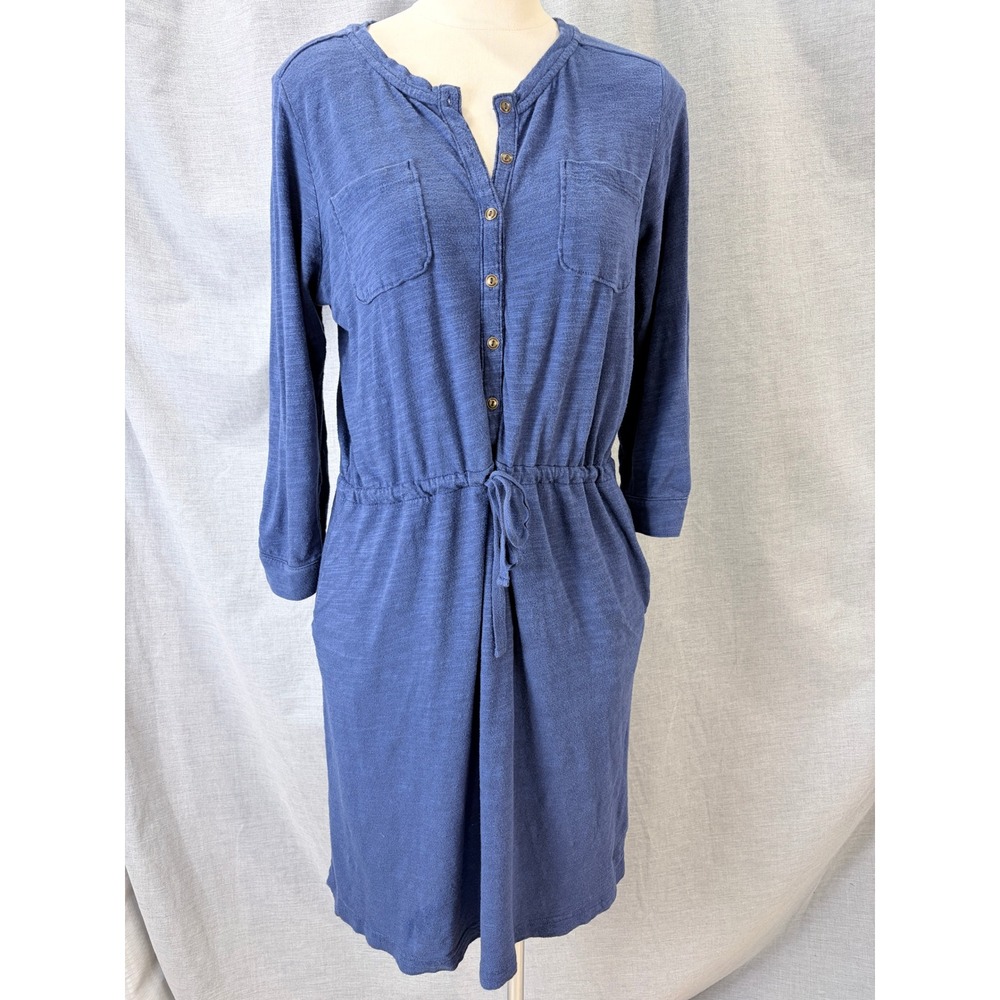 Lands End Womens Blue Slub Knit Henley‎ Drawstring Waist Dress Pockets M 10-12